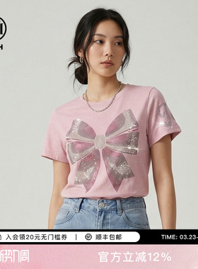 TCH2026春新款烫钻蝴蝶结甜美减龄圆领粉色短袖T恤女T78A10E1027