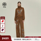 TCH轻奢风毛毛领烫钻羽翼半拉链上衣女阔腿裤 加绒套装 T78A07E1047