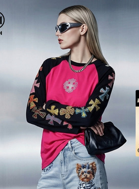 TCH甜酷烫钻十字花撞色插肩袖宽松长袖T恤女26春夏新款T78A086128