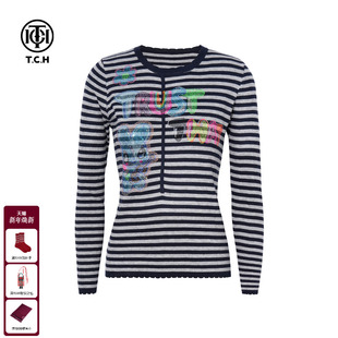 圆领针织衫 内搭条纹修身 上衣女T75D09E1132 烫钻长袖 TCH25秋冬时尚