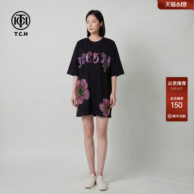 TCH花朵烫钻宽松休闲连衣裙女2026夏季新款oversize短款圆领T恤裙