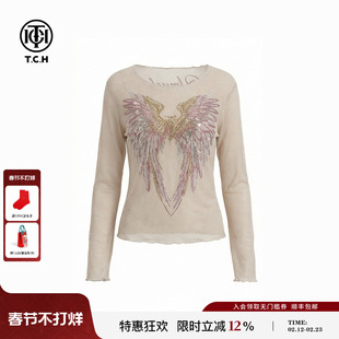 TCH26春款时尚翅膀烫钻米白色修身微透轻熟风打底衫女T78A02E1019