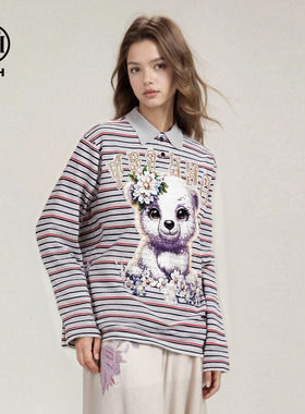 TCH紫调花朵小熊烫钻甜酷条纹翻领长袖T恤2026春夏新款T78A086008
