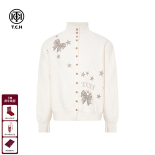 女T75D43E1025 烫钻高智感高领气质针织开衫 TCH私服2025冬季 新款
