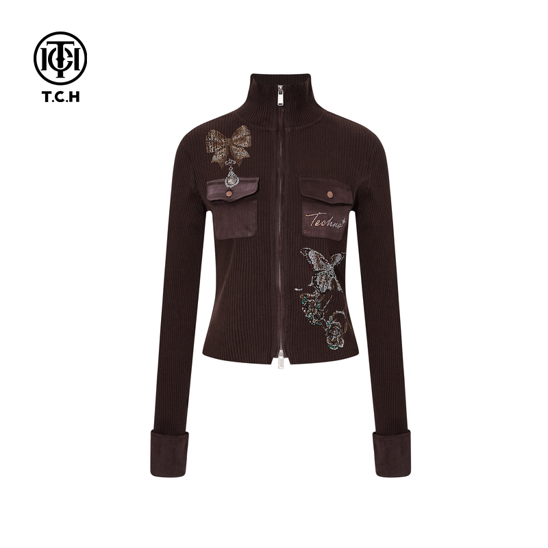 TCH时尚烫钻秋冬百搭立领修身显瘦拉链针织开衫上衣女T75D43E1055