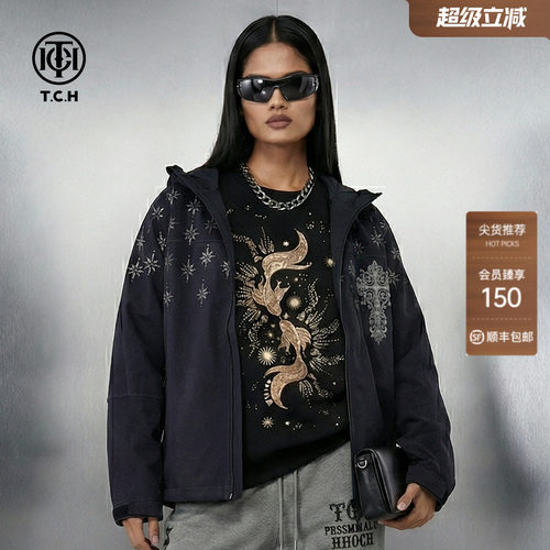 TCH潮牌时尚烫钻宽松百搭休闲风黑色连帽外套男女同款T78A276109
