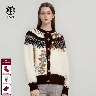 TCH宽松复古松弛风秋冬新款 外套女T75D43E1129 休闲撞色针织开衫
