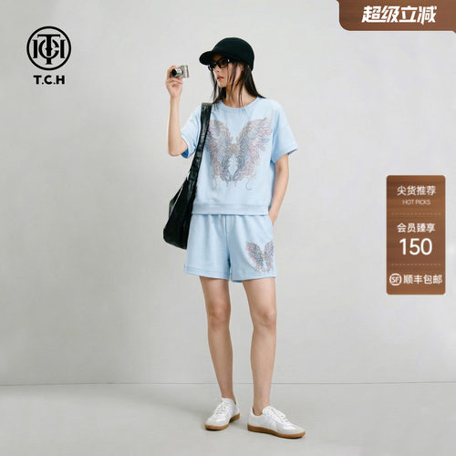TCH烫钻翅膀夏季女T恤短裤套装