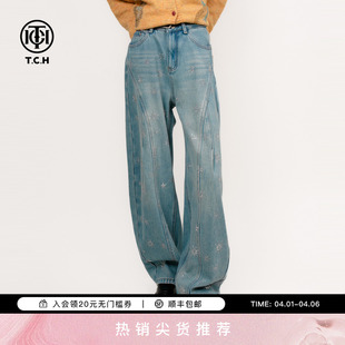 TCH雪花流星烫钻弯刀加绒阔腿显瘦牛仔裤 T75D20E1062 女2025秋冬款