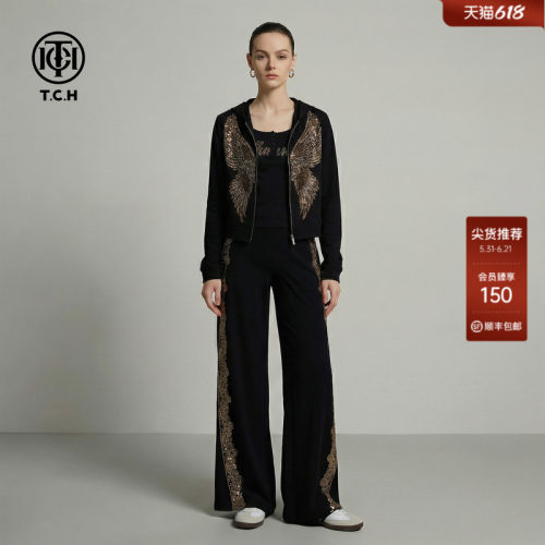 TCH烫钻翅膀黑色连帽外套女修身打底衫阔腿裤三件套TB78B07E1001