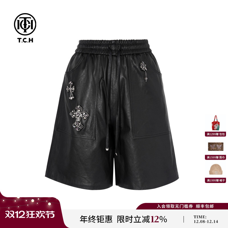 TCH私服烫钻2025秋季新款皮裤短裤女宽松显瘦休闲裤T75C21E5011