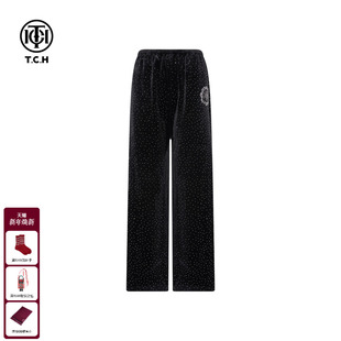 TCH满天星烫钻慵懒风黑色丝绒阔腿休闲裤 T75D20E1231 女2025冬新款