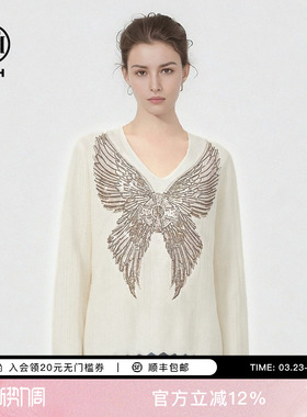 TCH2026春季新款百搭翅膀烫钻米白色V领针织衫上衣女T78A09E1103