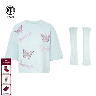 女加袖 烫钻蓝色时髦慵懒圆领针织衫 套T75D09E5063 时尚 TCH25秋冬款