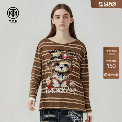 TCH【含绵羊毛】烫钻萌熊宽松条纹撞色蕾丝袖口长袖T恤T78A086006