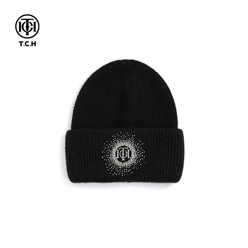 TCH私服烫钻百搭针织帽2025秋冬季新款保暖黑色毛线帽T72C41E5005