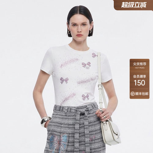 TCH26夏季新款蝴蝶结烫钻百搭白色修身圆领短袖T恤女T78A10E1052