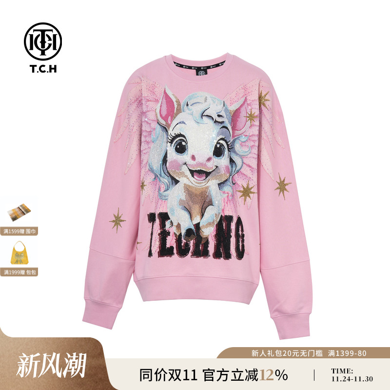TCH轻奢时尚潮牌25秋冬新款卡通烫钻粉色圆领长袖卫衣T75C11E9012