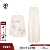 针织套装 TCH时尚 烫钻米色背心宽松连帽毛衣休闲长裤 女T75D07E5023