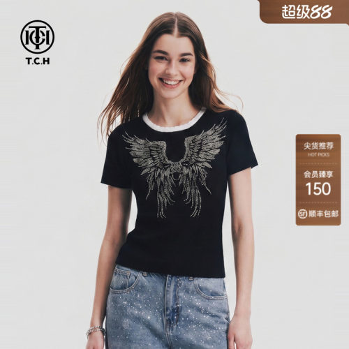 天使之翼翅钻撞色针织短袖女