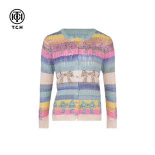 T75A43E5007 女长袖 TCH私服烫钻蝴蝶结彩色条纹时尚 休闲针织开衫