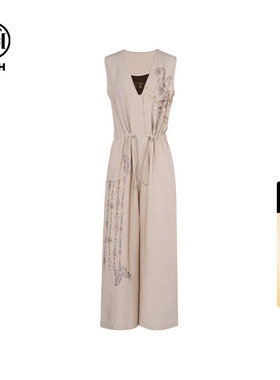 TCH轻奢烫钻老钱风气质宽松亚麻连体裤内搭背心套装女T75B07E1022