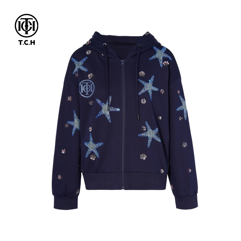 TCH私服星星烫钻时尚潮牌蓝色连帽外套女2025秋季新款T75C17E1023