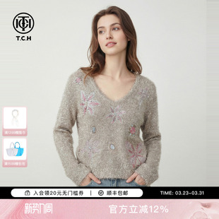 TCH时尚 潮牌蝴蝶结烫钻亮闪闪卡其色毛衣T75D09E1305