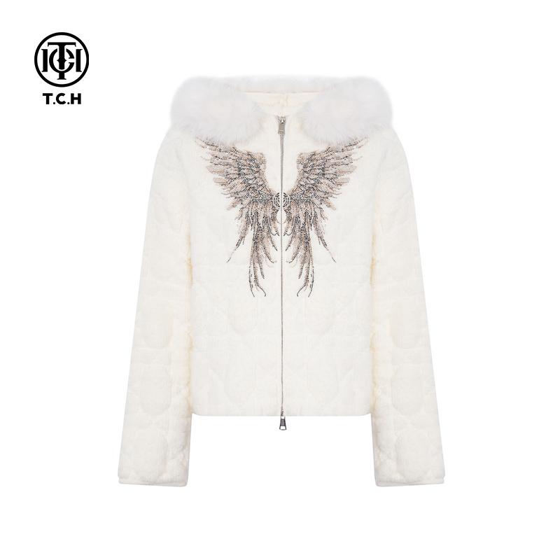 TCH私服25秋冬慵懒风烫钻时尚白色毛毛领保暖短外套女T75D17E1009