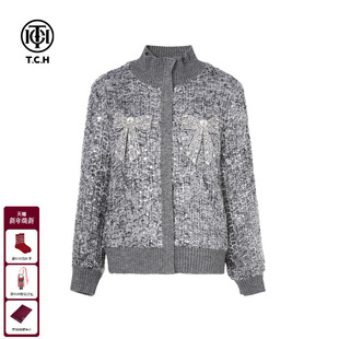 T75C27E1009 新款 TCH轻奢潮牌烫钻亮片立领时尚 毛衣外套女2025秋季