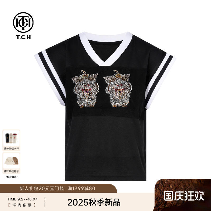 TCH私服烫钻宽松V领撞色个性休闲运动风短袖T恤女T75C10B1041