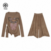 套装 TCH气质百搭烫钻收腰针织衫 女阔腿宽松针织裙裤 T78A07E1082