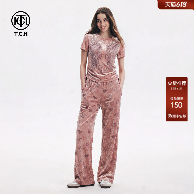 TCH烫钻炫彩翅膀短袖上衣套装女2026春夏新款粉色T恤休闲裤两件套