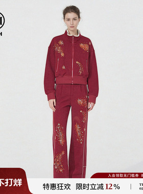 TCH【100%绵羊毛】烫钻酒红色百搭拉链外套女长裤套装T78A07E1002