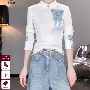 显瘦翻领针织衫 烫钻米色修身 上衣女T75D09E1229 时尚 TCH2025冬新款