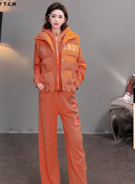 TCH秋冬新款烫钻橙色连帽外套女保暖马甲休闲裤套装女T75D07E1076