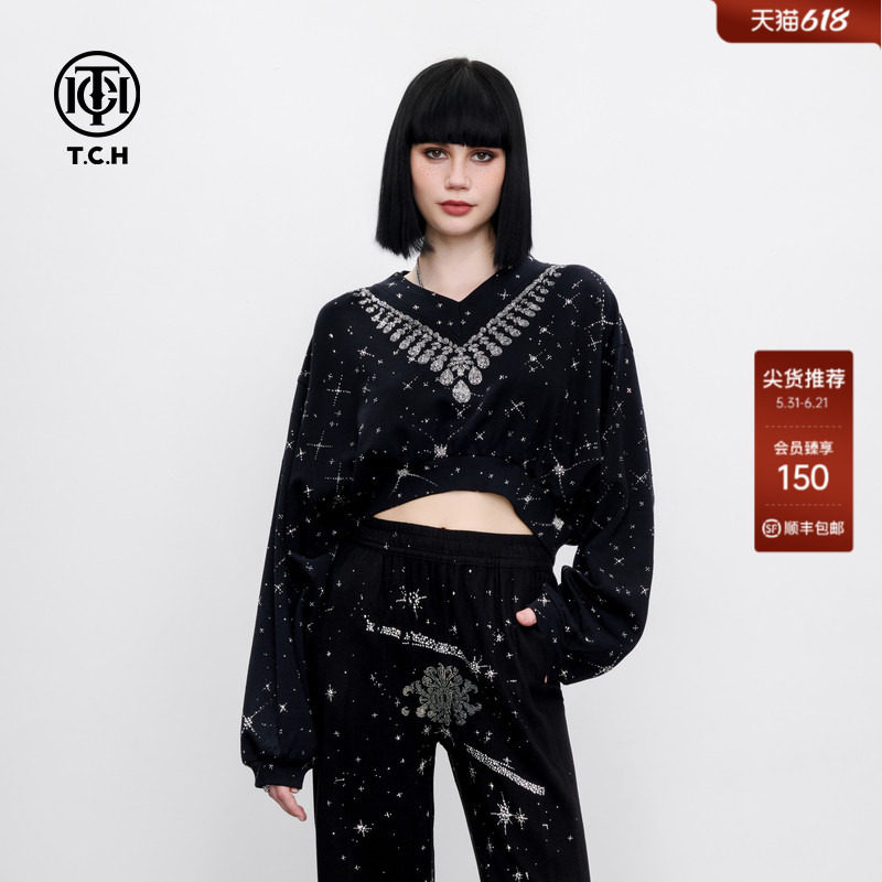 TCH潮酷时尚洋气重工烫钻露脐短款宽松卫衣外套女2026春季新款
