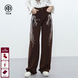 TCH25秋冬新款 女T75D20E1055 潮酷翅膀烫钻加绒阔腿显瘦直筒牛仔裤