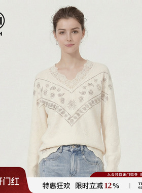 TCH【含绵羊毛】26春款气质时尚烫钻白色V领针织衫女T78A09E1140