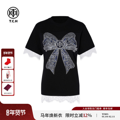 TCH 轻奢潮牌时尚小众烫钻蝴蝶结拼接蕾丝短袖T恤上衣T75A10B9085
