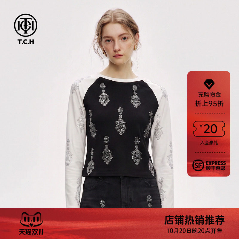 TCH黑白撞色插肩长袖T恤女2026年秋季新款烫钻修身显瘦辣妹短上衣