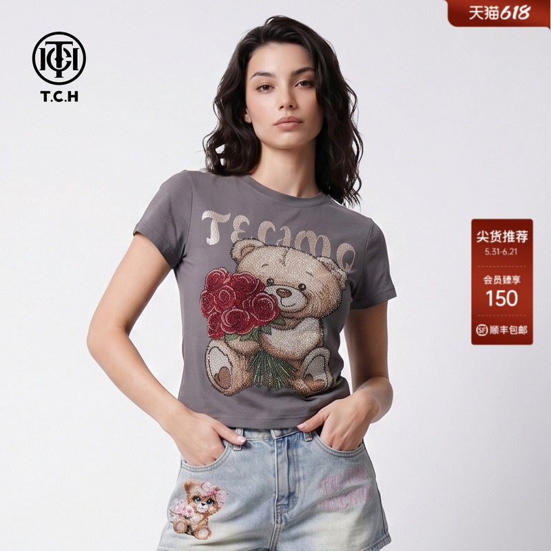 TCH烫钻小熊深灰色短袖T恤女2026夏季新款辣妹风正肩显瘦百搭上衣