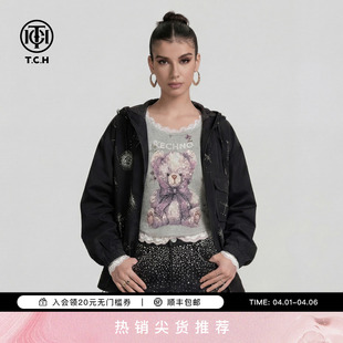 TCH潮牌星空烫钻黑色连帽休闲外套男女同款 T78A27E1023 2026春新品