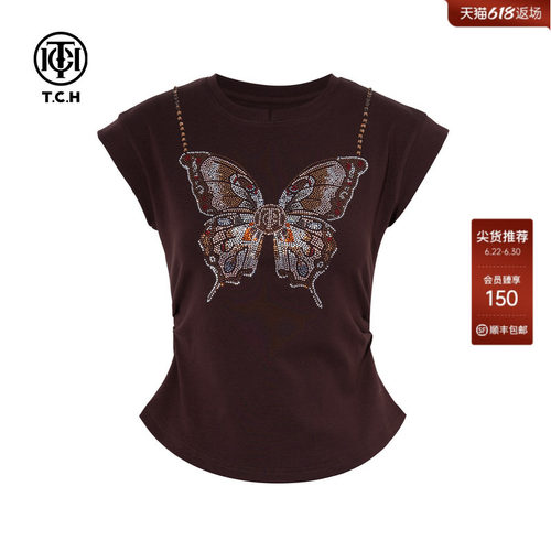 TCH轻奢时尚设计感蝴蝶烫钻咖色飞飞袖圆领显瘦T恤女T78B10E1122