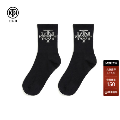 TCH轻奢LOGO烫钻烫钻工艺时尚休闲百搭中筒袜子女T72C55E5006