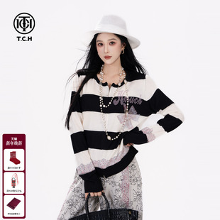 T75C43E5011 女新款 TCH黑白键盘色艺术风高雅气质条纹长袖 针织开衫