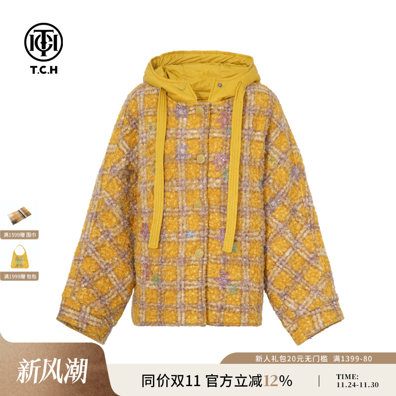 TCH私服25秋冬新款烫钻仿羊羔毛连帽休闲百搭外套女T75D27E1016A