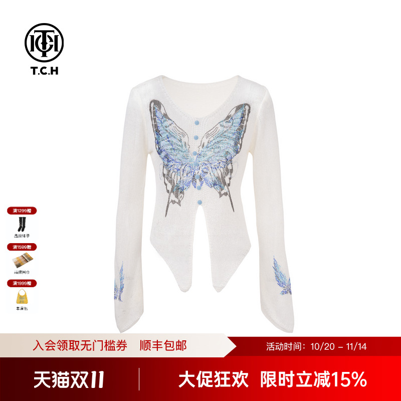 TCH 私服烫钻蝴蝶V领时髦不规则针织衫女2025夏季新款T75A09E5057
