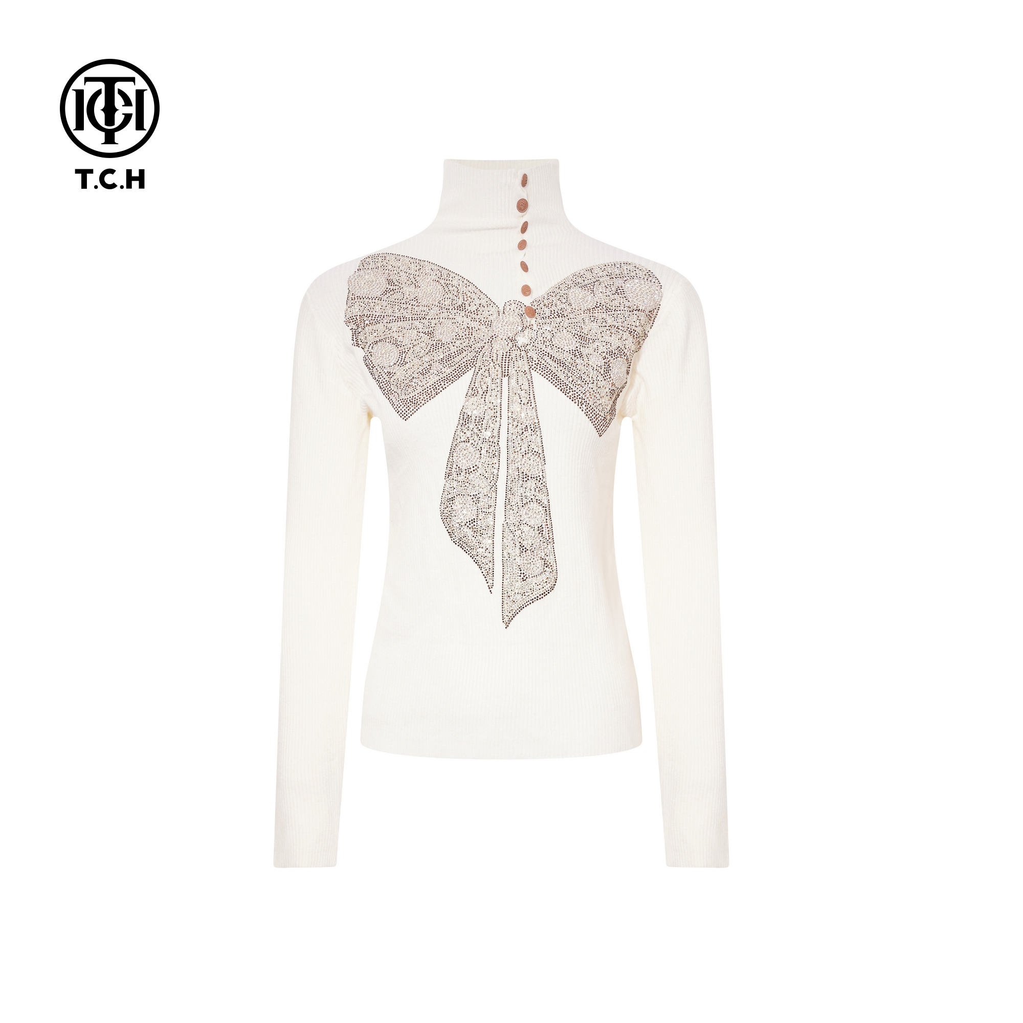 TCH时尚烫钻蝴蝶结米色气质百搭高领修身打底针织衫女T75D09E1190