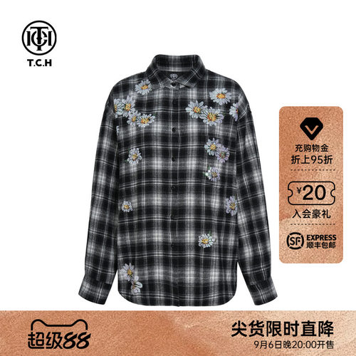 TCH烫钻2026早秋新款时尚宽松百搭黑白格衬衫上衣女T75C13E9007